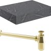 Ellen 600mm Wall Hung Grey Marble Basin Shelf & Brushed Brass Bottle Trap