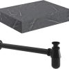 Ellen 600mm Wall Hung Grey Marble Basin Shelf & Black Bottle Trap